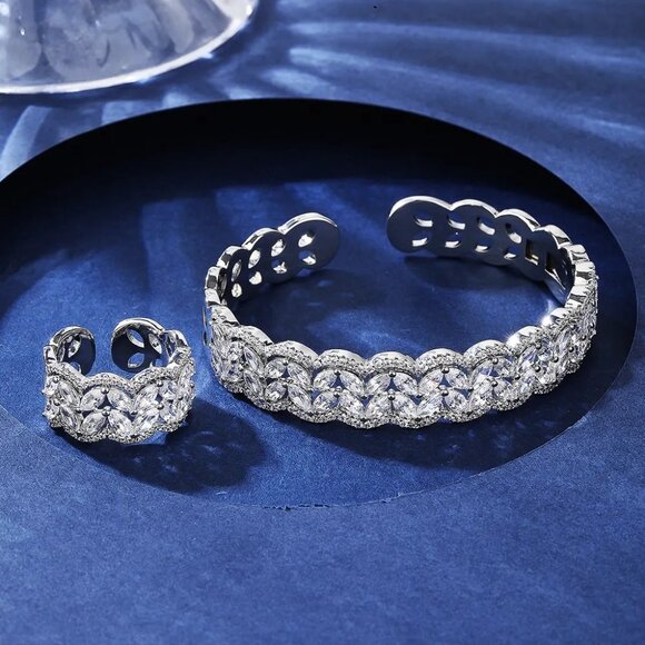 Rhodium or Gold-plated lab-created Marquise Diamond Band Ring - Picture 2 of 5